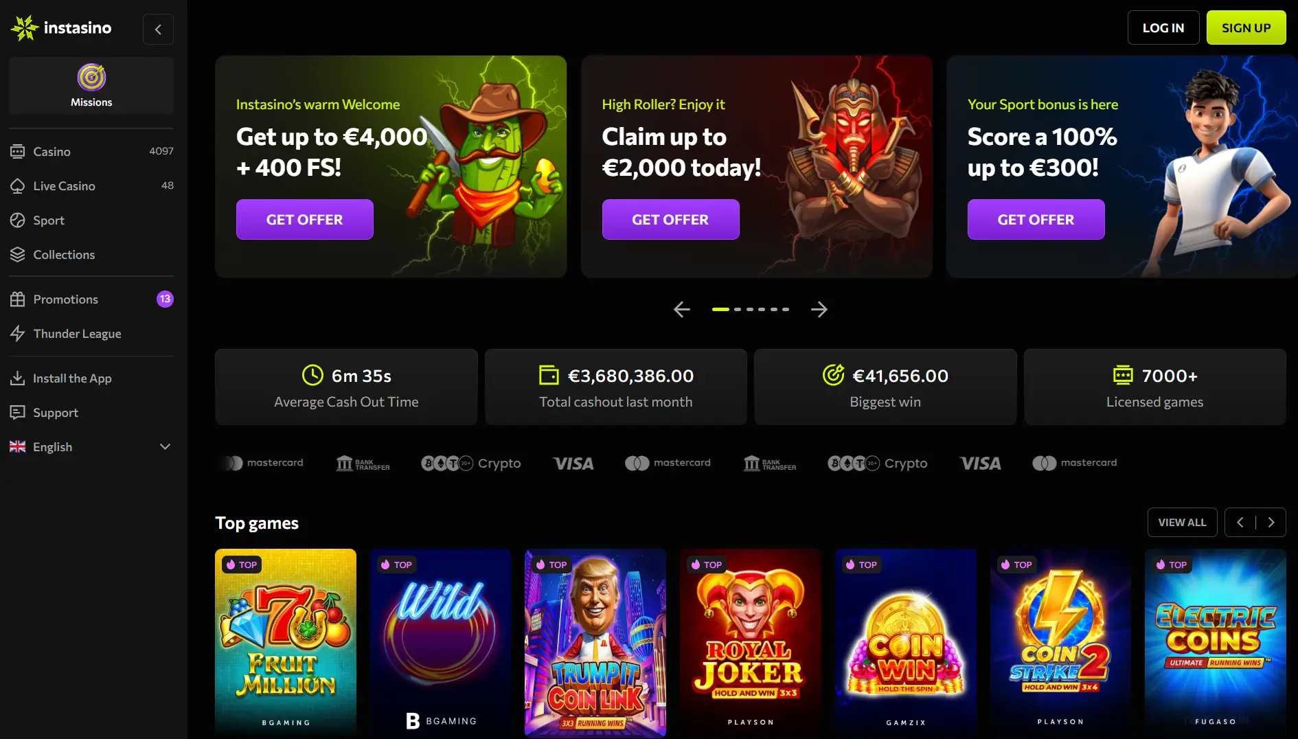 Instasino homepage met welkomstaanbieding en topgames